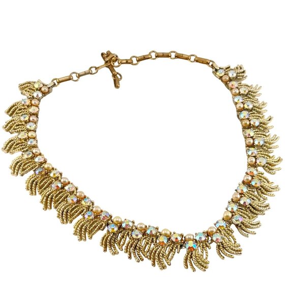 Coro Aurora Borealis Choker Necklace from 1950's with Faux Pearls - Picture 4 of 8